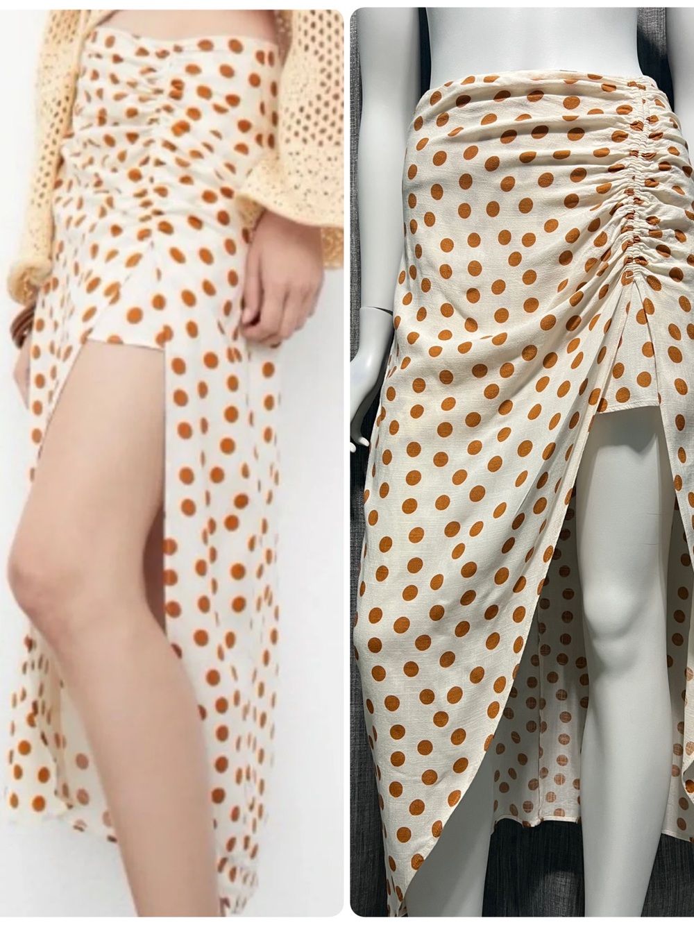 Zara Ecru & Rust Polka Dot Gathered Front Side-Slit Midi Skirt XS
